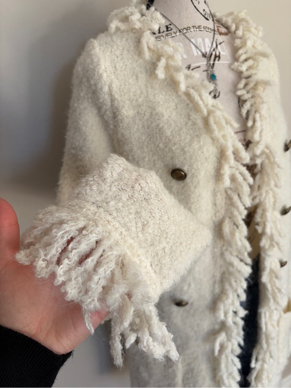 Y2K FDJ White Wool Blend Whimsy Shaggy Fringe Open Front Sweater Coatigan - Picture 3 of 13